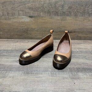 ASOS Tan Leather Gold Cap Toe Low Heel Shoes Women's Size 7.5